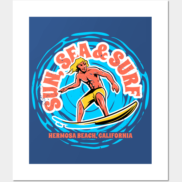 Vintage Sun, Sea & Surf Hermosa Beach, California // Retro Surfing // Surfer Catching Waves Wall Art by Now Boarding